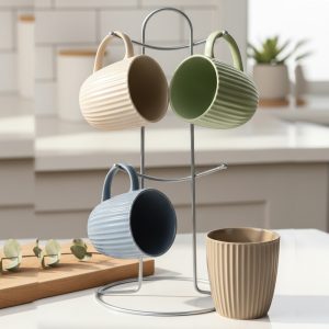 Set of 4 Ceramic Coffee Cups with Stand