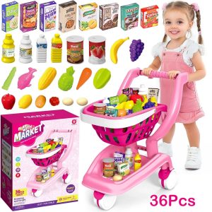 Kids Shopping Cart – 36Pcs Pretend Play Grocery Set (Pink)