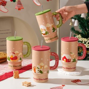 Christmas Ceramic Mug 800ml – Large Cup with Stainless Steel Straw #JD1017