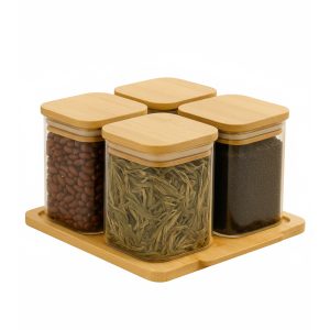 4-Pcs Glass Seasoning Jar with Bamboo Stand Holder Set HF-02 (L22 x W19.5 x H2.5)cm