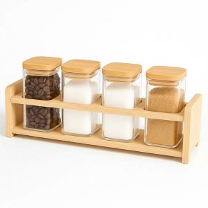 4-Glass Seasoning Jar with Bamboo Stand Holder Set HF-04 (L31 x W7.5 x H8.5)cm
