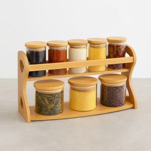 8-Glass Seasoning Jar with Bamboo Stand Holder Set, 3 Big & 5 Mini Seasoning Jar HF-06 (L35 x W13 x H22)cm