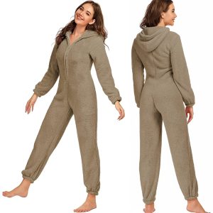 Women Overalls Fleece Hoodie Jumpsuit Zipper Fuzzy Romper Sleepwear