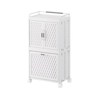 White Rolling Storage Cabinet & Foldable Double-Tier Laundry Hamper