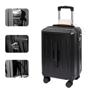 Carry-On Suitcase with USB Charging & Cup Holder (Black)