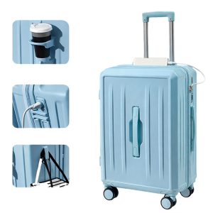 Carry-On Suitcase with USB Charging & Cup Holder (Blue)