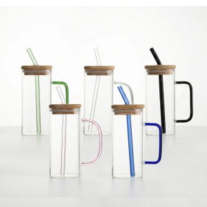 Borosilicate Round Glass Matcha Cups with Bamboo Lids and Glass Straws 400-ml #HH-0011