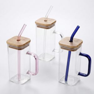 Borosilicate Square Glass Matcha Cups with Bamboo Lids and Glass Straws 400-ml #HH-0001