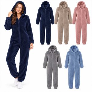 Women Overalls Fleece Hoodie Jumpsuit Zipper Fuzzy Romper Sleepwear