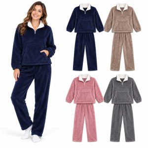 Winter Warm Fleece Pajama Set With Pocket
