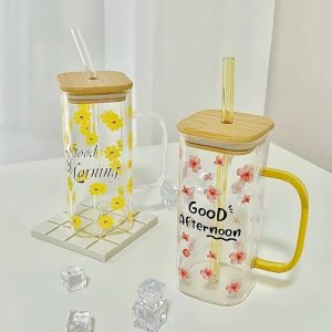 Borosilicate Square Glass Matcha Cups with Lids and Glass Straws 400-ml #K-101