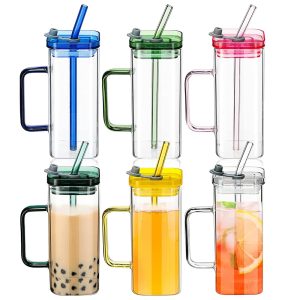 Borosilicate Round Glass Matcha Cups with Lids and Glass Straws 400-ml #HH-002