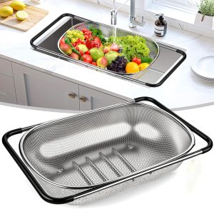 Over the Sink Stainless Steel Colander with Expandable Anti-slip Rubber Grip Handles