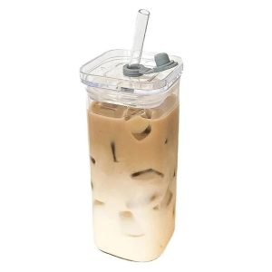 Borosilicate Square Glass Matcha Cups with Lids and Glass Straws 400-ml #H-029