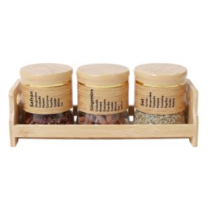 Bamboo Spice Rack Set with 3 Glass Jars Plastic Lid - 400 #CB-TWJ37