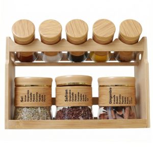 Bamboo Spice Rack Set with 8 Glass Jars Plastic Lid - 400/100ml #CB-TWJ34