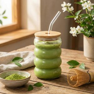 Matcha Wave Shaped Glass Tumblers Drinking with Lid and Straw - 350ml