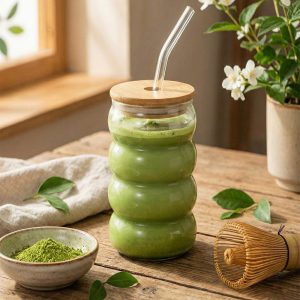 Matcha Wave Shaped Glass Tumblers Drinking with Lid and Straw - 450ml