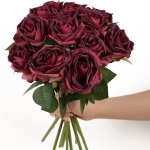 8-Pcs Vintage Artificial Burgundy Flowers Gothic Rose Bouquet #A127-8