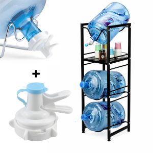 4-Tier Water Bottle Holder with Faucet & Storage Shelf