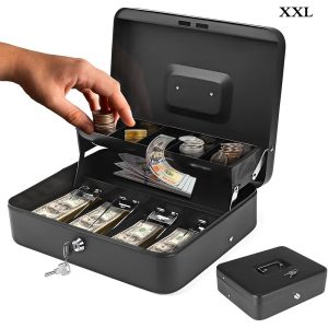 Money Safe Metal Cashier Box With 2 Keys (W30 x D24 x H9)cm - Black #Q-300