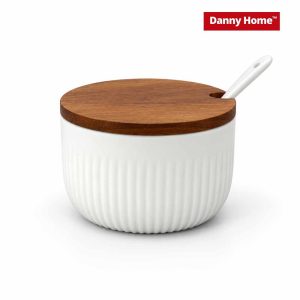 Danny Home Porcelain Sugar Bowl with Wooden Lid & Spoon