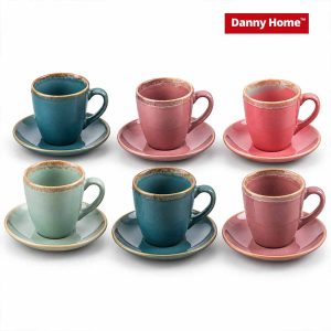 Danny Home Colorful Ceramic Cup & Saucer Set – 12 Pieces